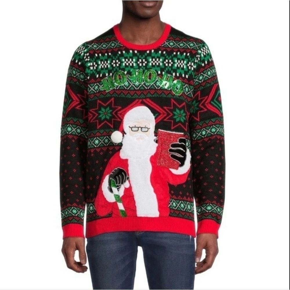 Holiday Time Men’s Ugly Christmas Sweater – Ho Ho Ho Santa, Size 2XL